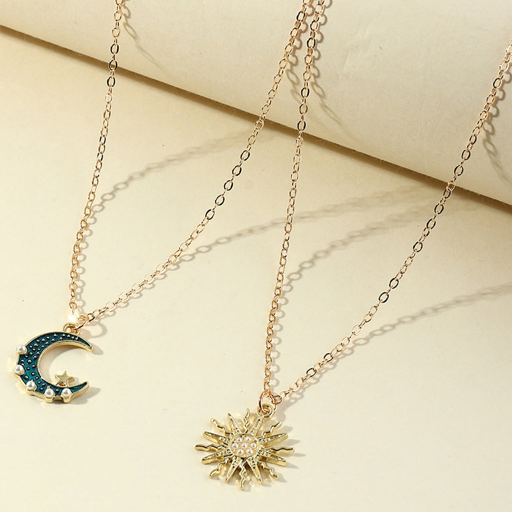 Sun Moon Necklace Blue Gold Stainless Steel Pendant Necklaces Jewelry Pi-Mart