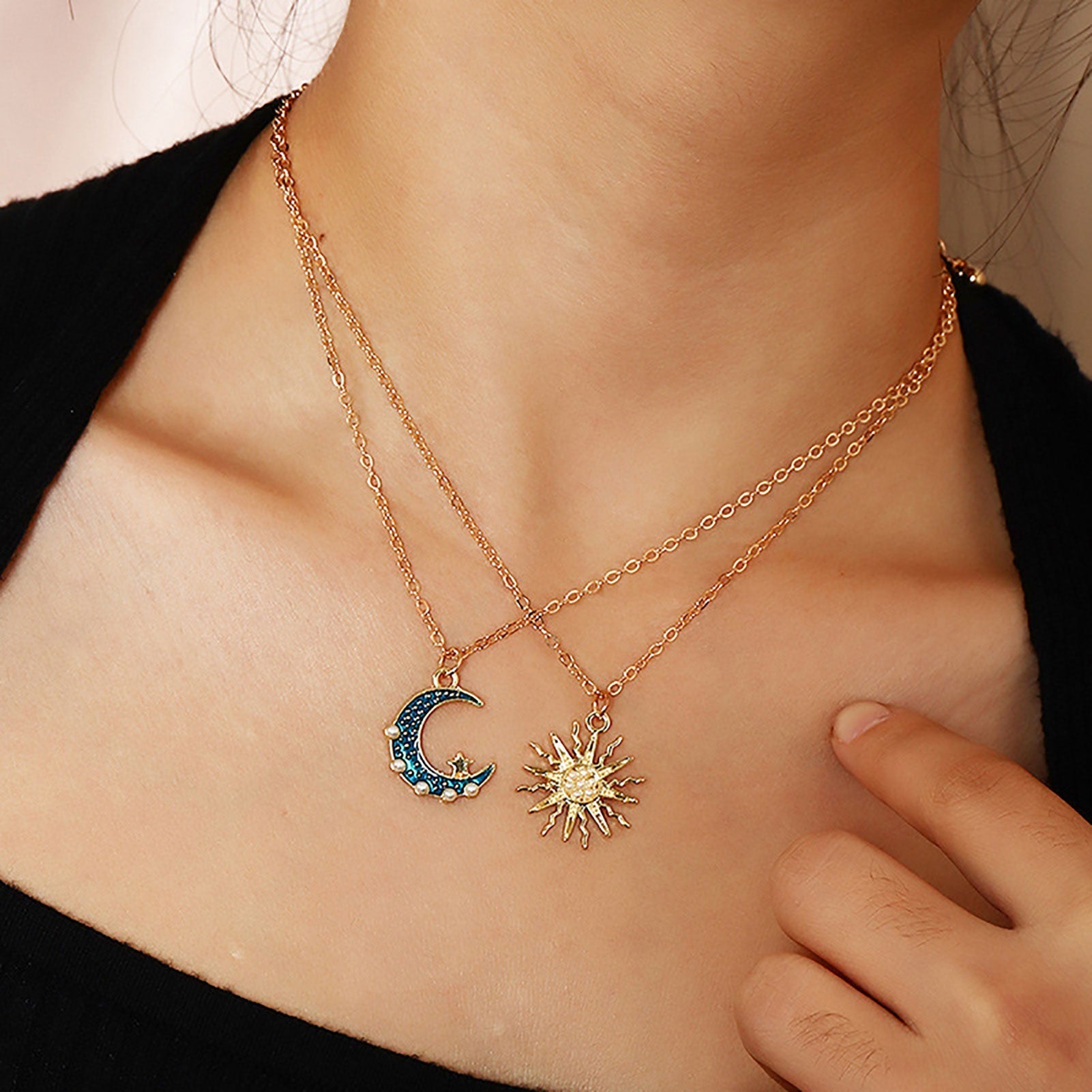 Sun Moon Necklace Blue Gold Stainless Steel Pendant Necklaces Jewelry Pi-Mart
