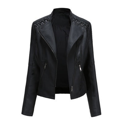 Pi-Mart Women's PU Leather Motorcycle Jacket - Slim Fit Short Biker Jacket with Lapel Collar (S-XXXL)
