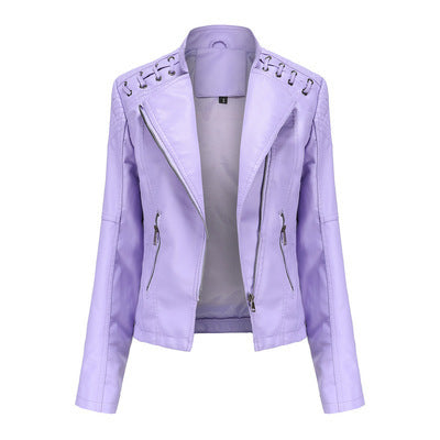 Pi-Mart Women's PU Leather Motorcycle Jacket - Slim Fit Short Biker Jacket with Lapel Collar (S-XXXL)
