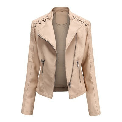 Pi-Mart Women's PU Leather Motorcycle Jacket - Slim Fit Short Biker Jacket with Lapel Collar (S-XXXL)