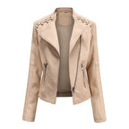Pi-Mart Women's PU Leather Motorcycle Jacket - Slim Fit Short Biker Jacket with Lapel Collar (S-XXXL)