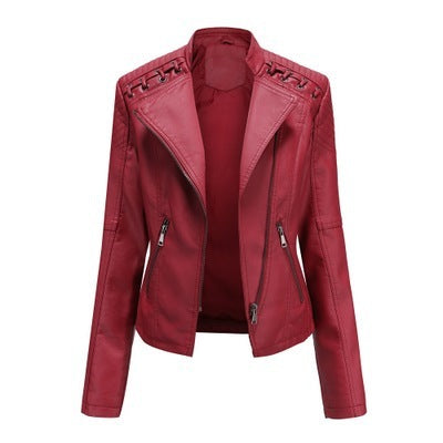 Pi-Mart Women's PU Leather Motorcycle Jacket - Slim Fit Short Biker Jacket with Lapel Collar (S-XXXL)