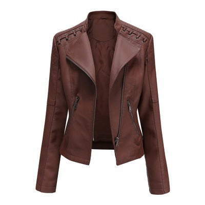Pi-Mart Women's PU Leather Motorcycle Jacket - Slim Fit Short Biker Jacket with Lapel Collar (S-XXXL)
