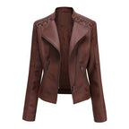 Pi-Mart Women's PU Leather Motorcycle Jacket - Slim Fit Short Biker Jacket with Lapel Collar (S-XXXL)
