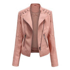 Pi-Mart Women's PU Leather Motorcycle Jacket - Slim Fit Short Biker Jacket with Lapel Collar (S-XXXL)