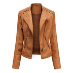 Pi-Mart Women's PU Leather Motorcycle Jacket - Slim Fit Short Biker Jacket with Lapel Collar (S-XXXL)
