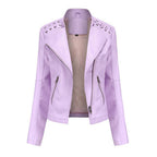 Pi-Mart Women's PU Leather Motorcycle Jacket - Slim Fit Short Biker Jacket with Lapel Collar (S-XXXL)