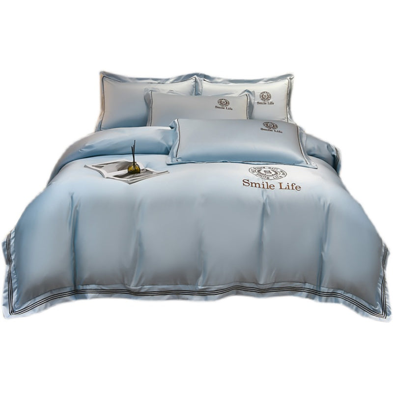Summer Ice Silk Four-piece Set Silky Nude Sleeping Sheets Quilt Cover Real Silk Satin Pi-Mart