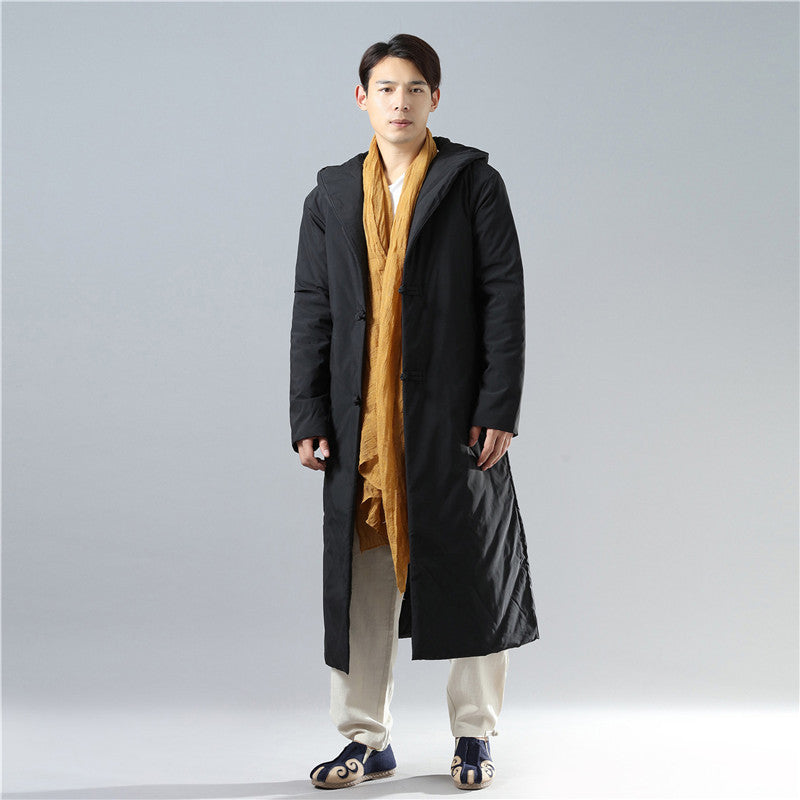 Men's winter buckle hooded mid-length cotton jacket