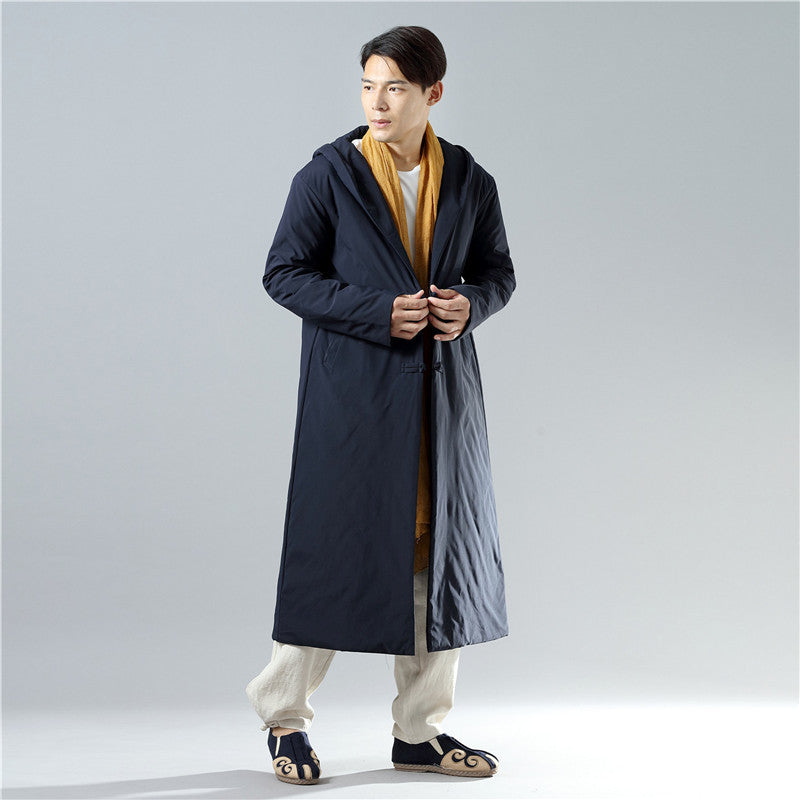 Men's winter buckle hooded mid-length cotton jacket