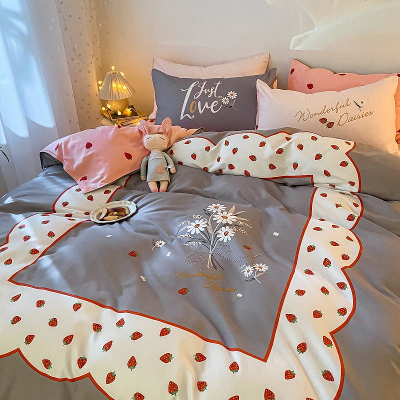 Four-Piece Bedding Set Thick Brushed Washed Cotton Sheets Double Duvet Cover Pi-Mart