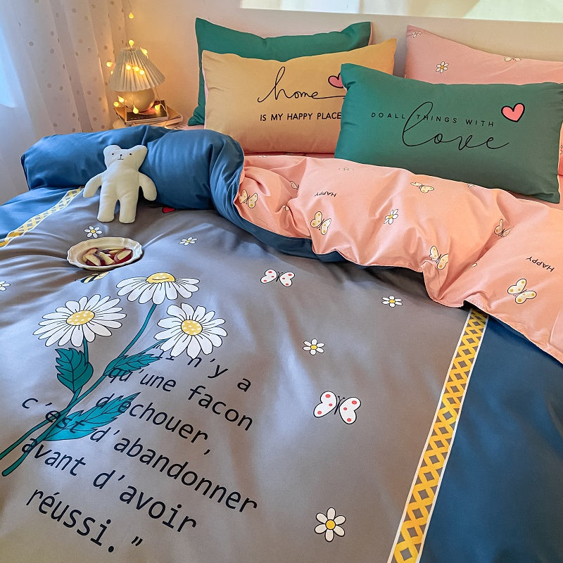 Four-Piece Bedding Set Thick Brushed Washed Cotton Sheets Double Duvet Cover Pi-Mart