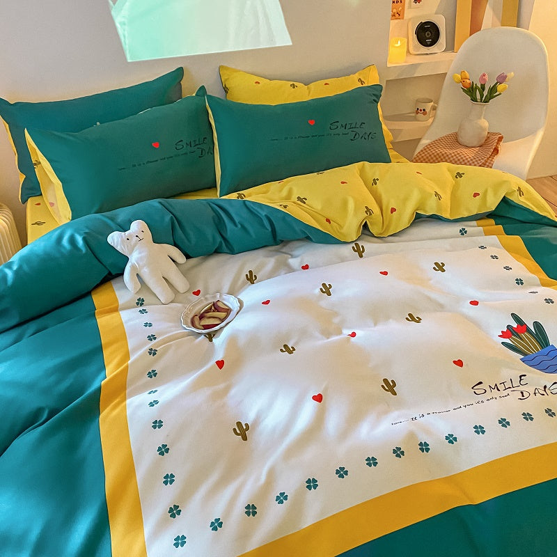 Four-Piece Bedding Set Thick Brushed Washed Cotton Sheets Double Duvet Cover Pi-Mart