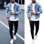 Lapel Men's Denim Jacket Ripped Irregular Washed Jacket Pi-Mart