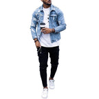 Lapel Men's Denim Jacket Ripped Irregular Washed Jacket Pi-Mart