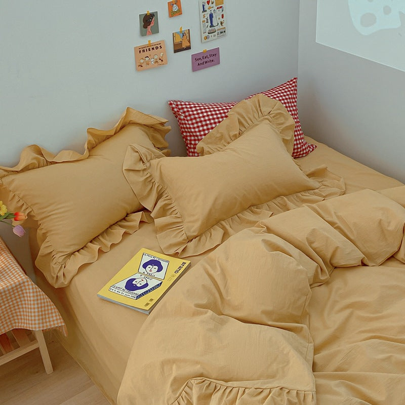 Ins Simple All Cotton Washed Cotton 4-Piece Set Of Cream Color Korean Lace Quilt Cover Sheet Pure Cotton Bedding Pi-Mart