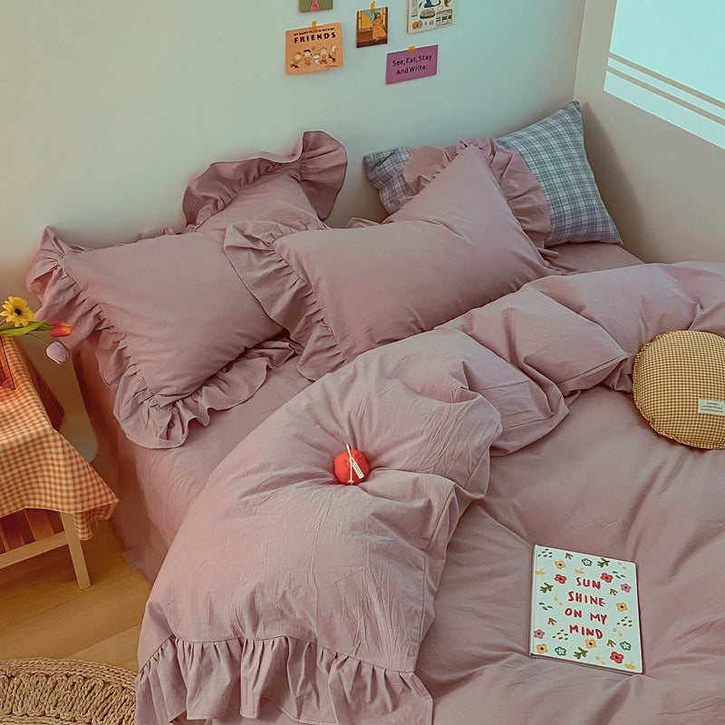Ins Simple All Cotton Washed Cotton 4-Piece Set Of Cream Color Korean Lace Quilt Cover Sheet Pure Cotton Bedding Pi-Mart