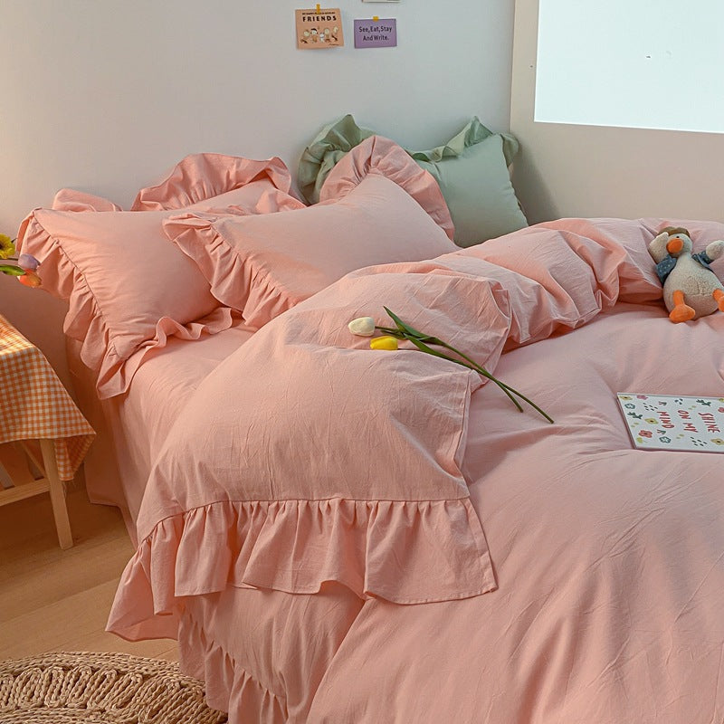 Ins Simple All Cotton Washed Cotton 4-Piece Set Of Cream Color Korean Lace Quilt Cover Sheet Pure Cotton Bedding Pi-Mart