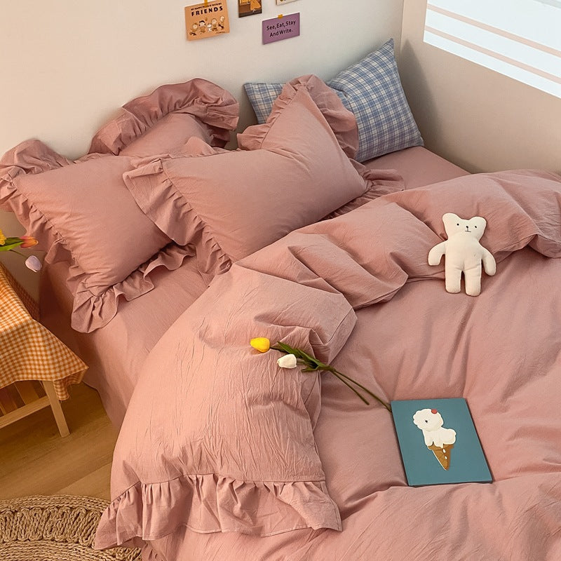 Ins Simple All Cotton Washed Cotton 4-Piece Set Of Cream Color Korean Lace Quilt Cover Sheet Pure Cotton Bedding Pi-Mart