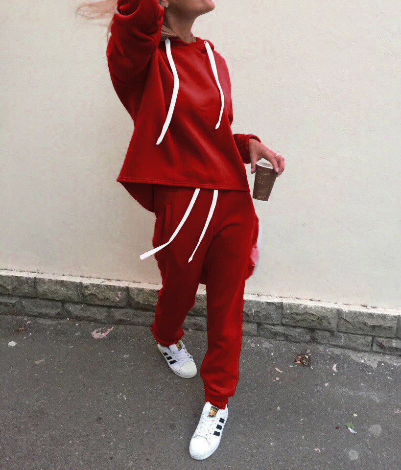 Casual Drawstring Sweatshirt Solid Color Stitching Sports Suit Pi-Mart