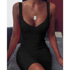 Solid Color Suspender V-Neck Sexy Hip Wrap Dress Camisole Dress For Women Party Club