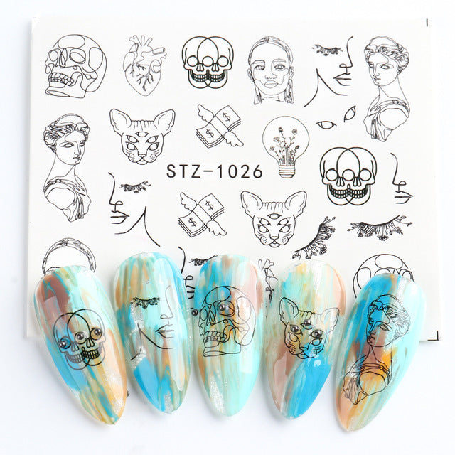 Ins Retro Face Black Line Nail Watermark Sticker French Art Nails Pi-Mart