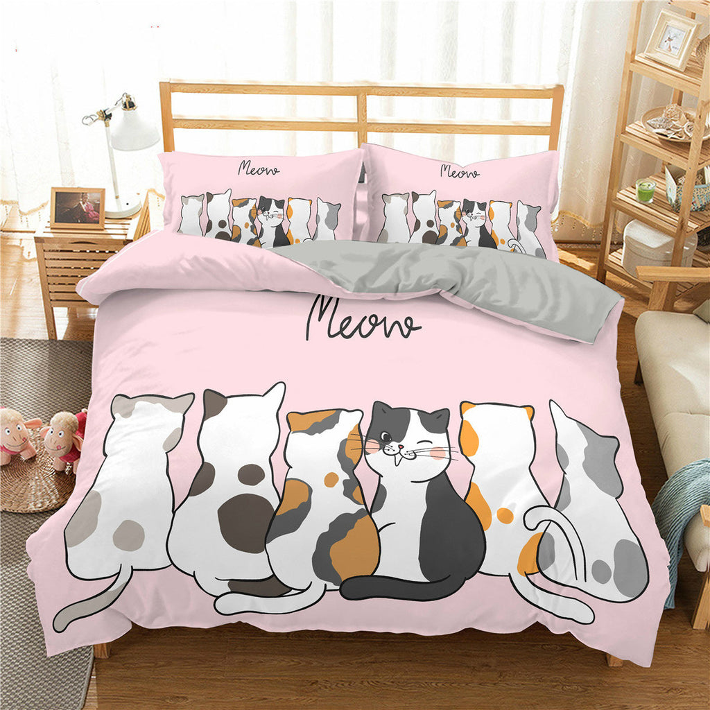 Cartoon Cat 3D High-definition Digital Printing Duvet Cover Cross-border Foreign Trade Amazon Wish Three-piece Bedding Set Pi-Mart