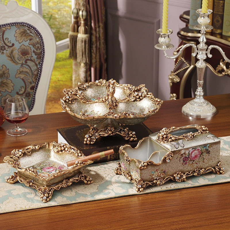 European-style Fruit Plate Three-piece Coffee Table Decoration Ashtray Tissue Box Set Pi-Mart