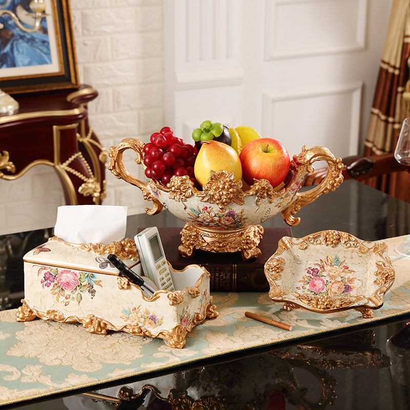 European-style Fruit Plate Three-piece Coffee Table Decoration Ashtray Tissue Box Set Pi-Mart