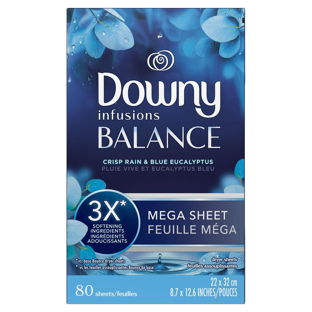 Downy Infusions Mega Dryer Sheets, BALANCE, Crisp Rain and Blue Eucalyptus, 80 Count