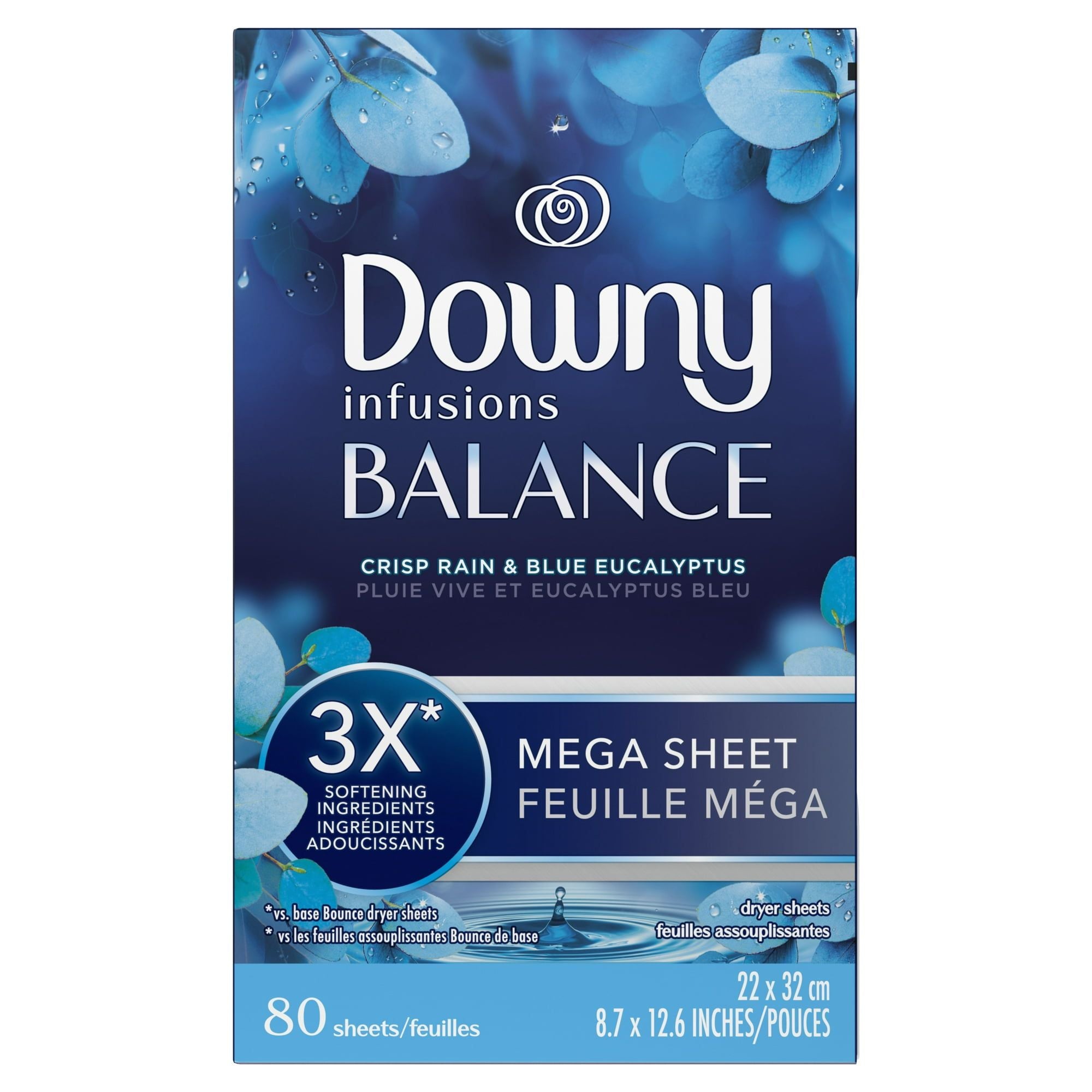 Downy Infusions Mega Dryer Sheets, BALANCE, Crisp Rain and Blue Eucalyptus, 80 Count