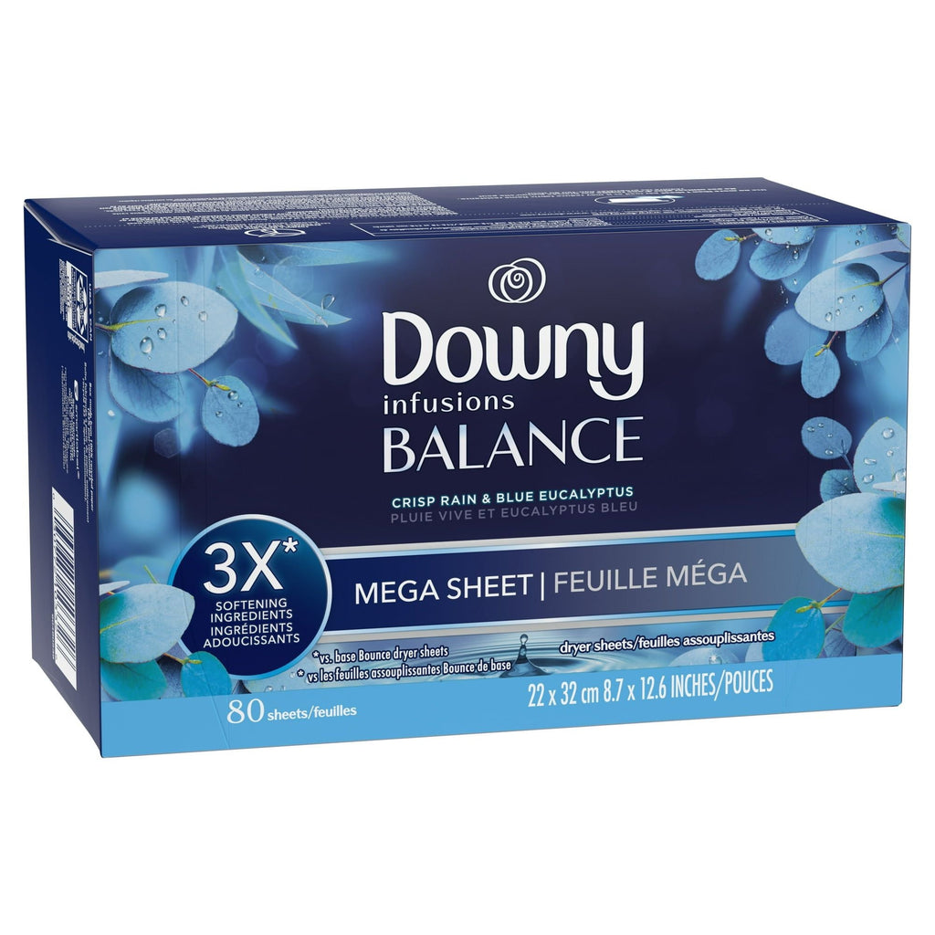 Downy Infusions Mega Dryer Sheets, BALANCE, Crisp Rain and Blue Eucalyptus, 80 Count