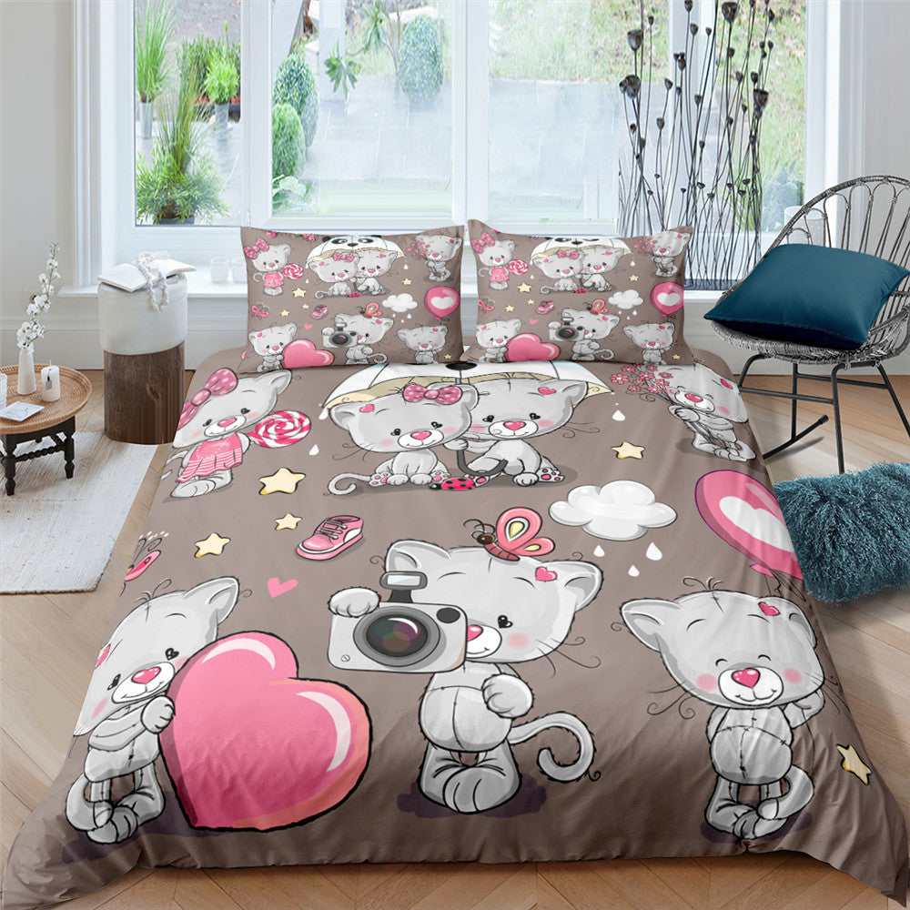 3D Digital Printing Plaid Bear Quilt Cover Three-piece Set And Four-piece Bed Sheet Set Pi-Mart