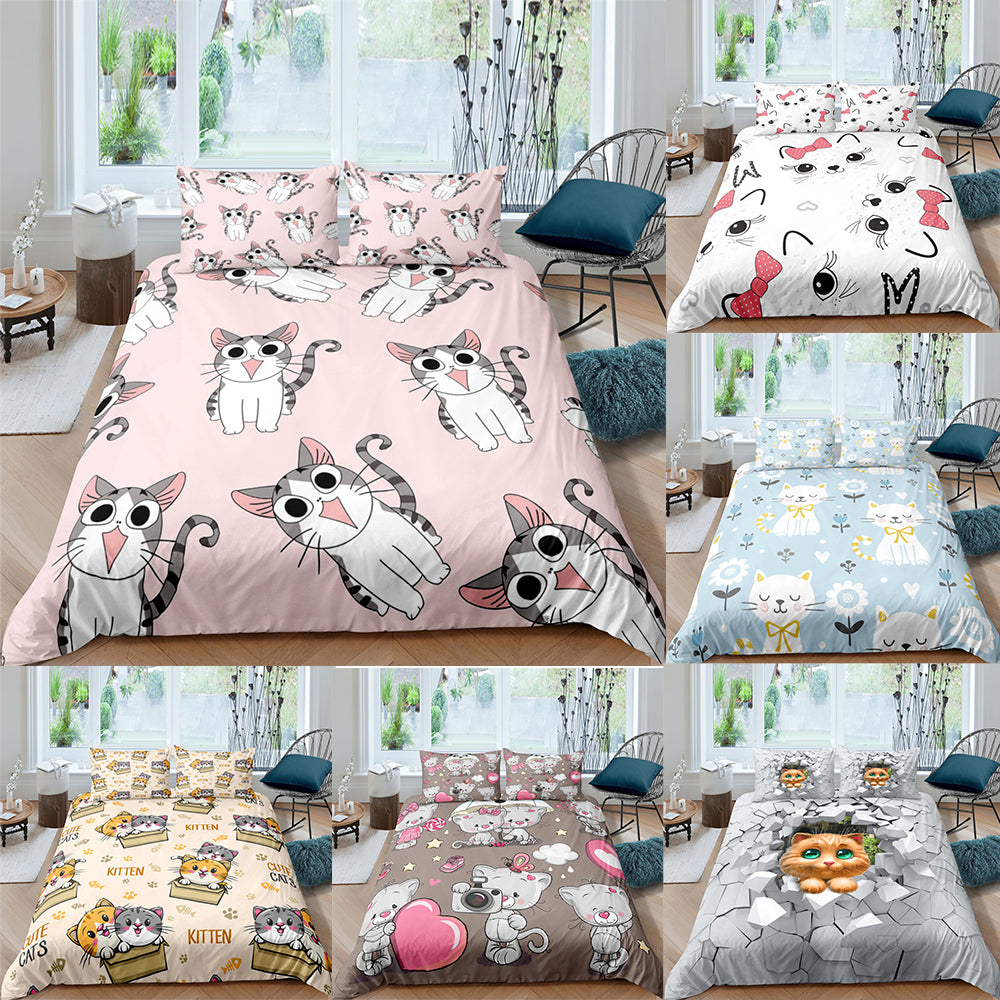 3D Digital Printing Plaid Bear Quilt Cover Three-piece Set And Four-piece Bed Sheet Set Pi-Mart