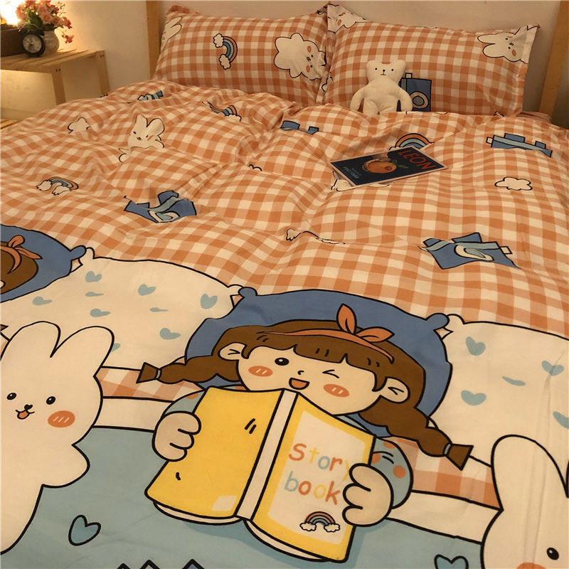 Cartoon Brushed Washed Cotton Net Red Bed Sheet Duvet Cover Pi-Mart