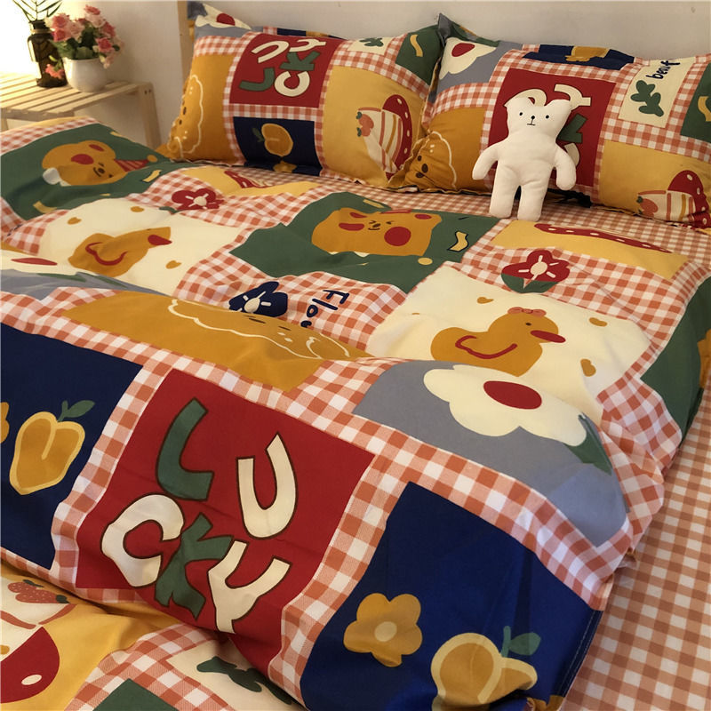 Cartoon Brushed Washed Cotton Net Red Bed Sheet Duvet Cover Pi-Mart