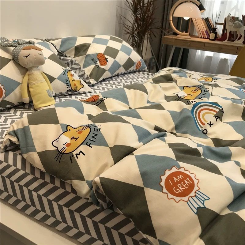 Cartoon Brushed Washed Cotton Net Red Bed Sheet Duvet Cover Pi-Mart