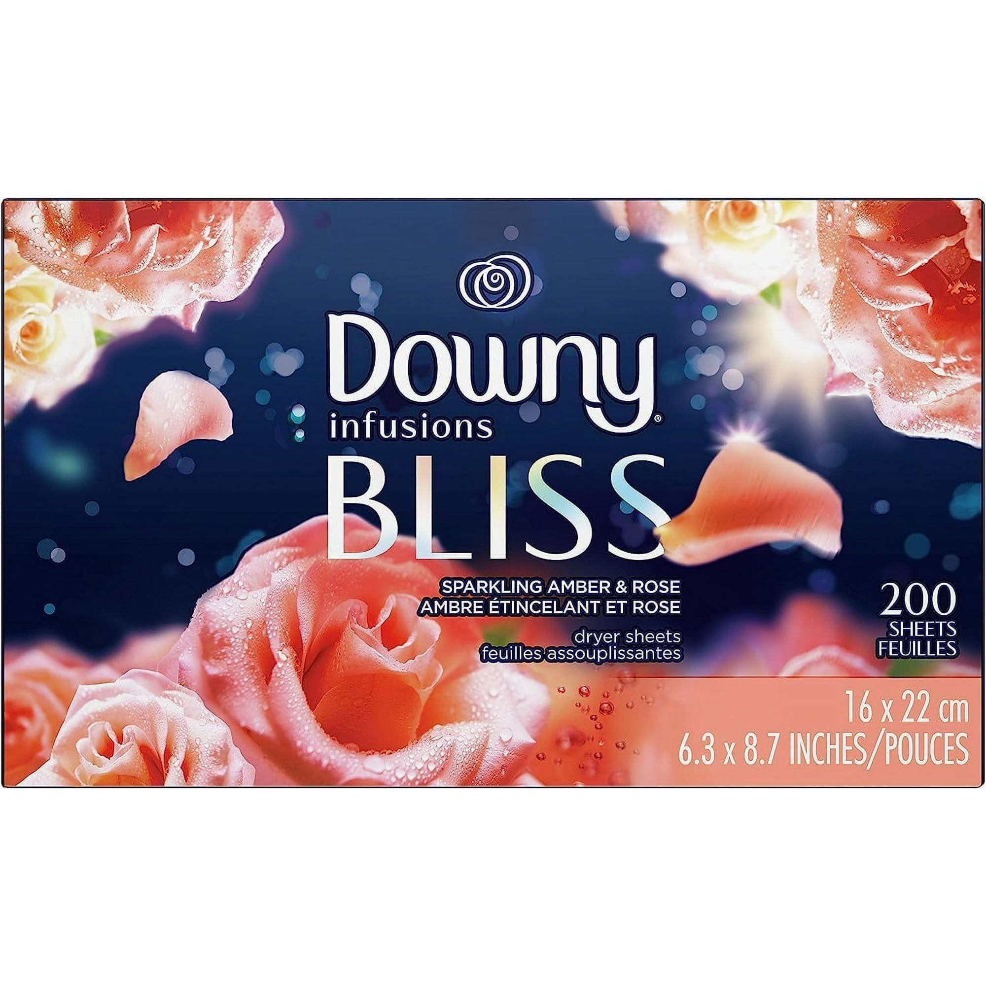 Downy Infusions Dryer Sheets, Laundry Fabric Softener, Bliss, Sparkling Amber & Rose, 200 Count.