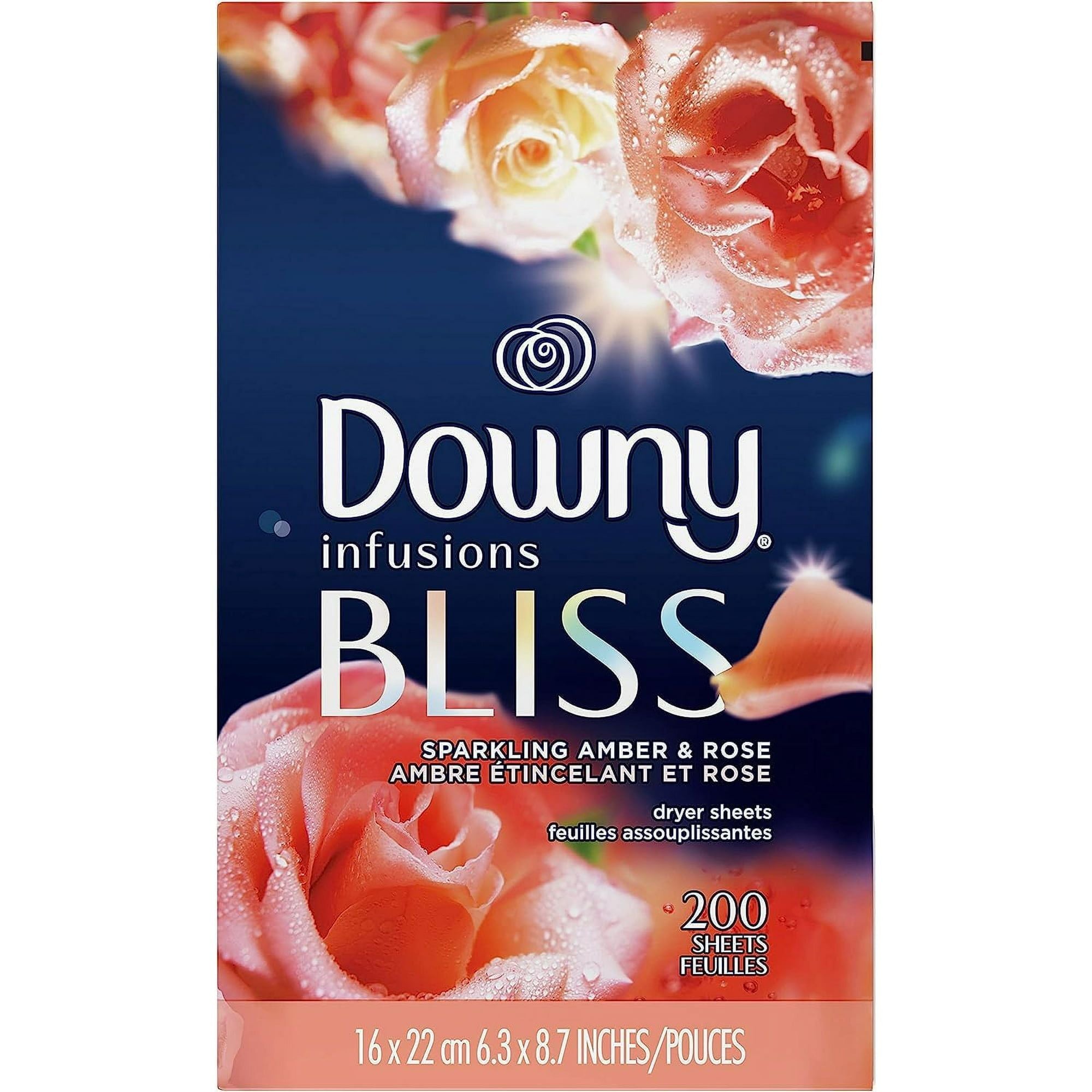 Downy Infusions Dryer Sheets, Laundry Fabric Softener, Bliss, Sparkling Amber & Rose, 200 Count.