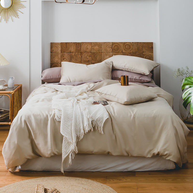 Summer Light Luxury Pure Color Tencel Four-piece Set Simple Ice Silk Cool Feeling Silky Nude Sleeping Quilt Cover Bed Sheet Bedding Pi-Mart
