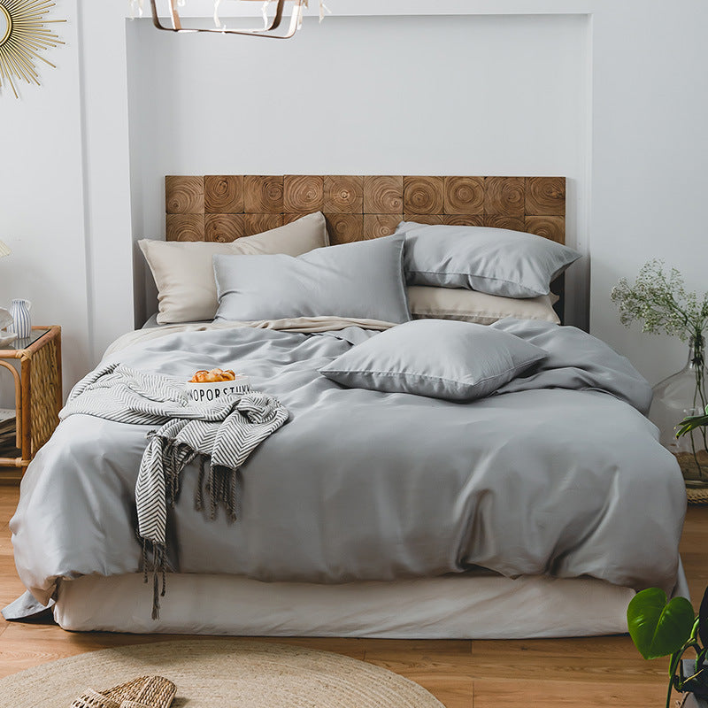 Summer Light Luxury Pure Color Tencel Four-piece Set Simple Ice Silk Cool Feeling Silky Nude Sleeping Quilt Cover Bed Sheet Bedding Pi-Mart