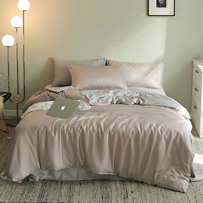 Summer Light Luxury Pure Color Tencel Four-piece Set Simple Ice Silk Cool Feeling Silky Nude Sleeping Quilt Cover Bed Sheet Bedding Pi-Mart