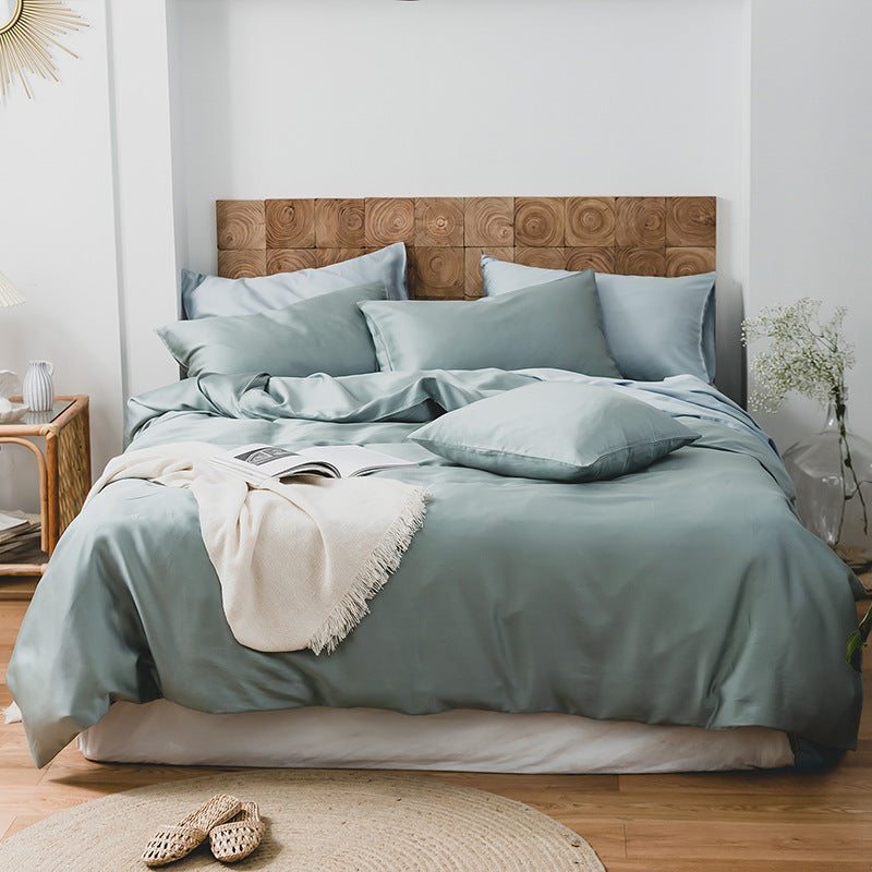 Summer Light Luxury Pure Color Tencel Four-piece Set Simple Ice Silk Cool Feeling Silky Nude Sleeping Quilt Cover Bed Sheet Bedding Pi-Mart