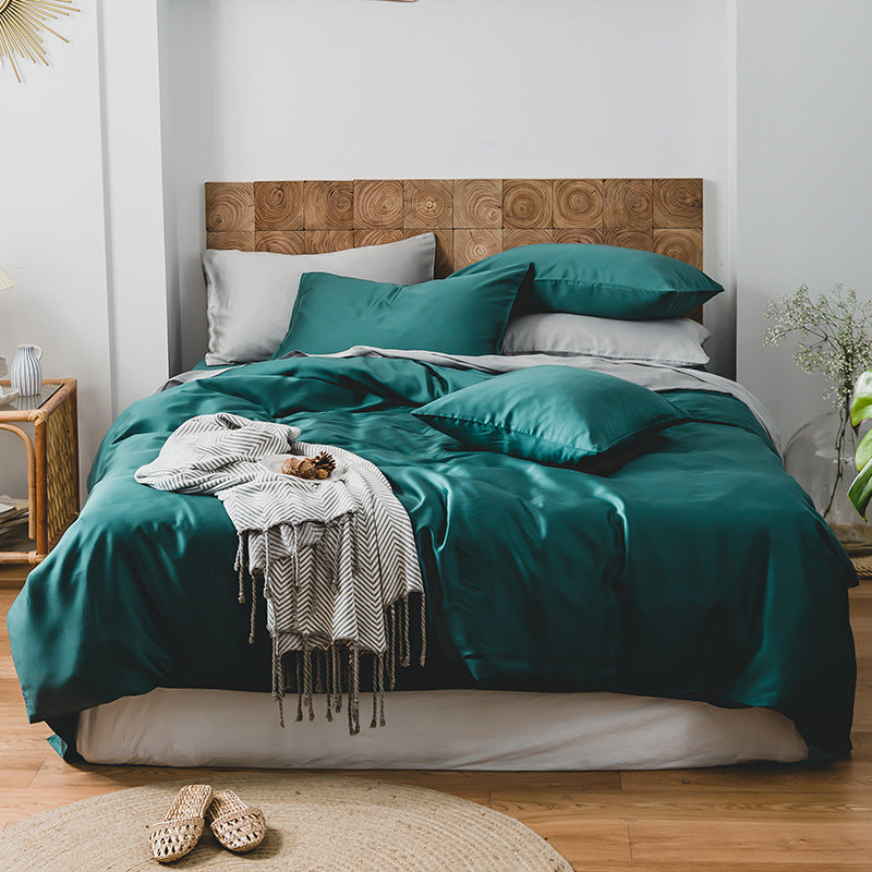 Summer Light Luxury Pure Color Tencel Four-piece Set Simple Ice Silk Cool Feeling Silky Nude Sleeping Quilt Cover Bed Sheet Bedding Pi-Mart