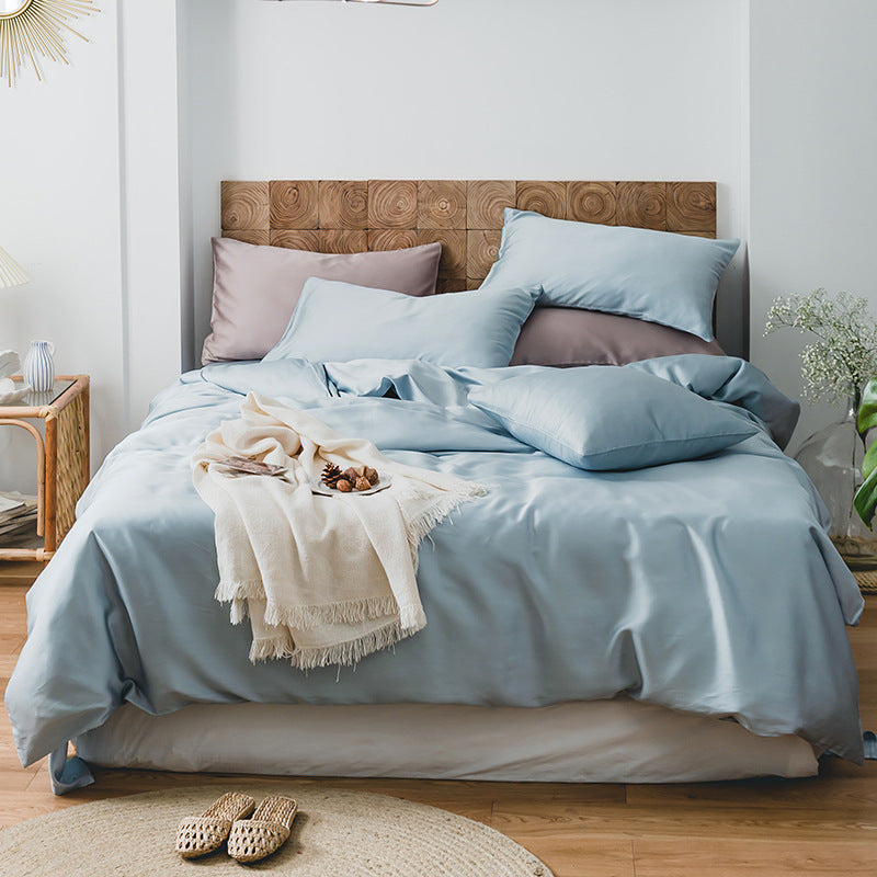 Summer Light Luxury Pure Color Tencel Four-piece Set Simple Ice Silk Cool Feeling Silky Nude Sleeping Quilt Cover Bed Sheet Bedding Pi-Mart