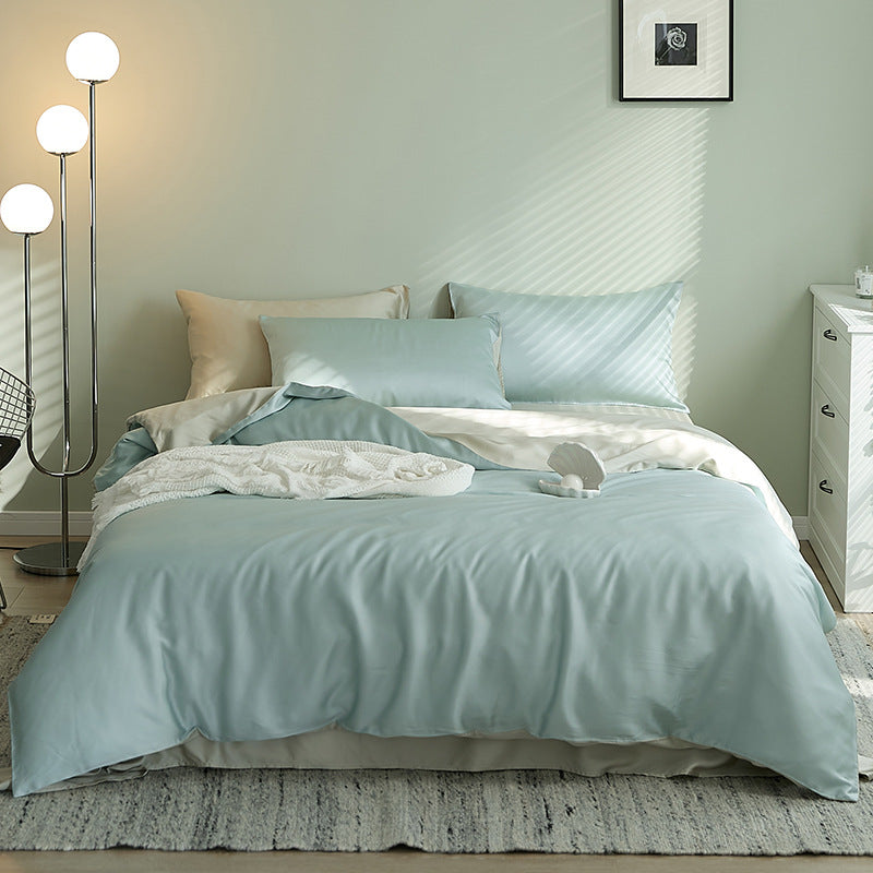 Summer Light Luxury Pure Color Tencel Four-piece Set Simple Ice Silk Cool Feeling Silky Nude Sleeping Quilt Cover Bed Sheet Bedding Pi-Mart