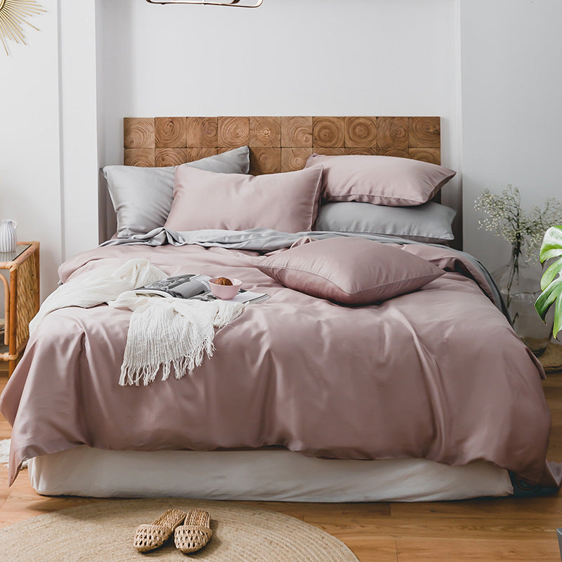 Summer Light Luxury Pure Color Tencel Four-piece Set Simple Ice Silk Cool Feeling Silky Nude Sleeping Quilt Cover Bed Sheet Bedding Pi-Mart