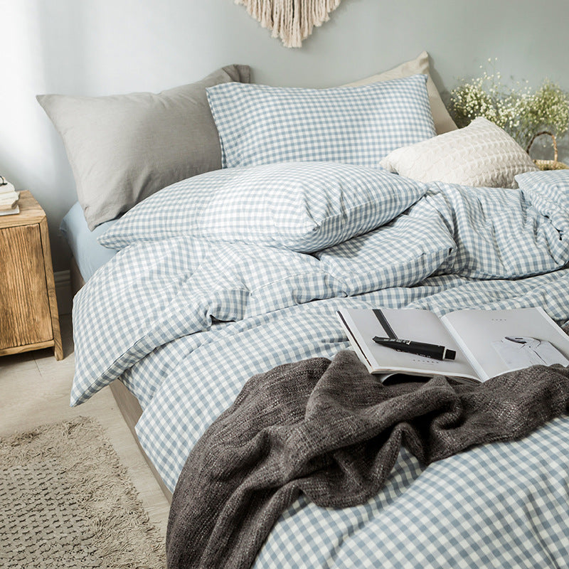 Ins Wind Milk Tea Color Cotton 1.8-bed Quilt Cover Bedding Beige Plaid Washed Cotton Double Bed Single Four-piece Set Pi-Mart