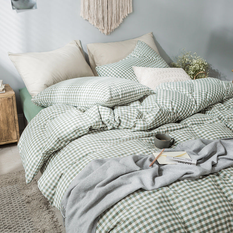 Ins Wind Milk Tea Color Cotton 1.8-bed Quilt Cover Bedding Beige Plaid Washed Cotton Double Bed Single Four-piece Set Pi-Mart
